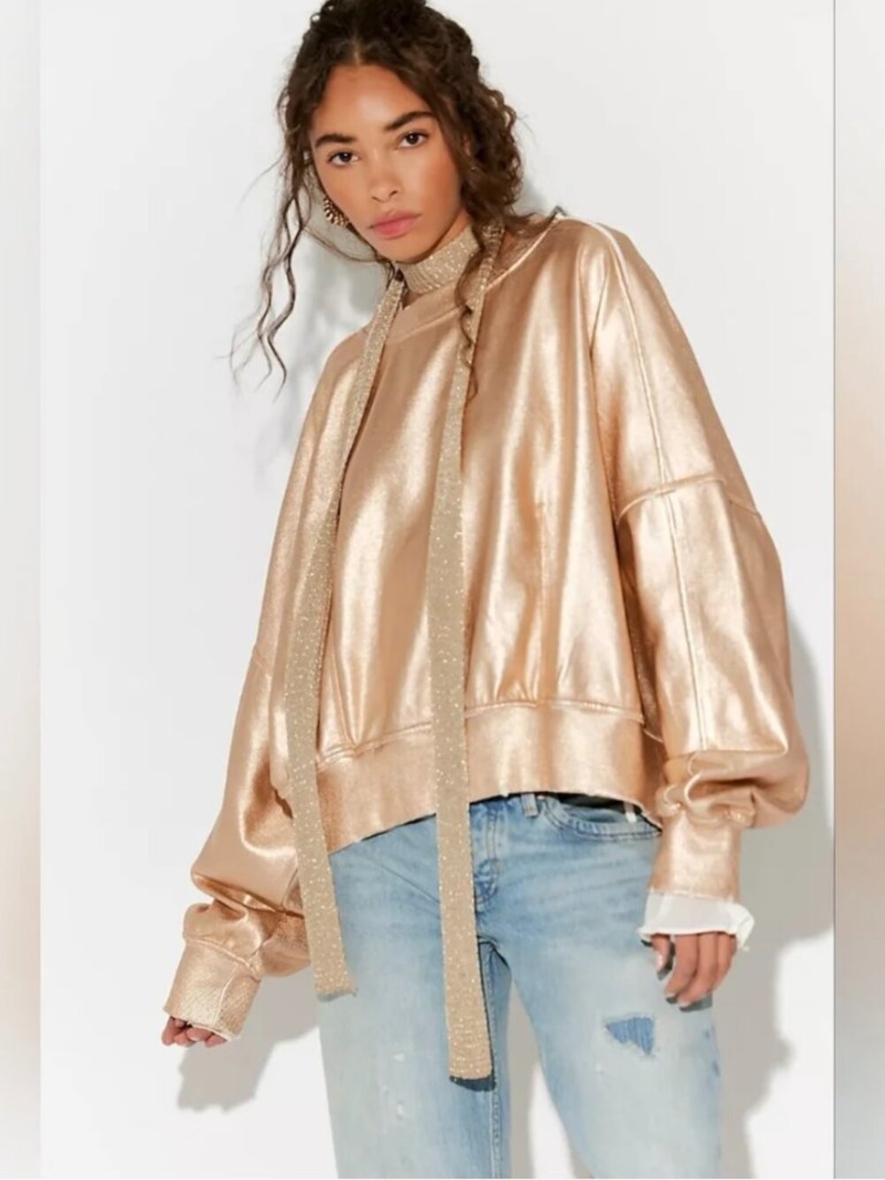 Free People Gaia Coated Sweatshirt NWOT Gold Size M Rose